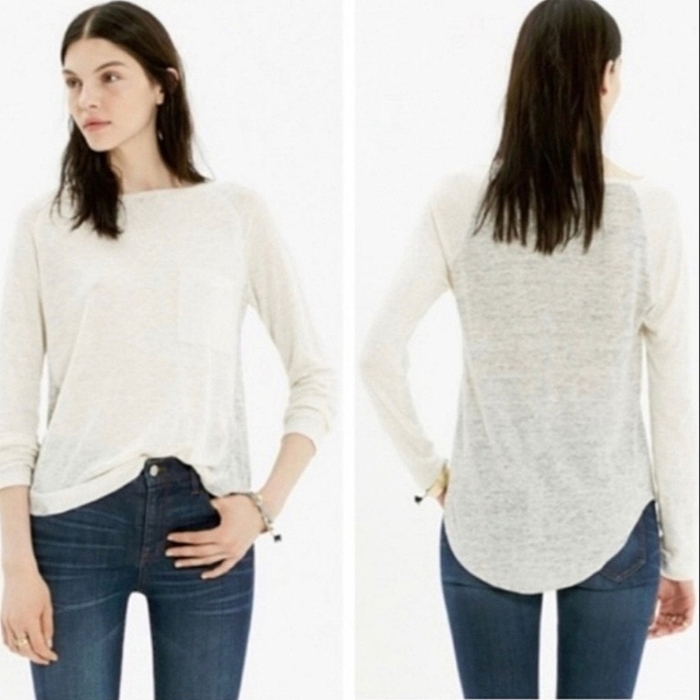 Madewell Curveball Linen Raglan Baseball Longsleeve in Grey/Ivory Combo Sz. M